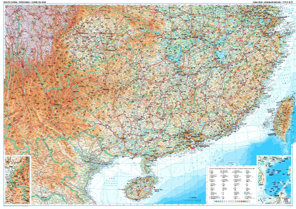 Physische Landkarte - Südchina mit Taiwan (125 x 88 cm / 1:2.000.000)