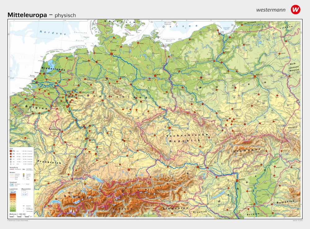Mitteleuropa - Schulwandkarte - physisch / politisch (202 x 147 cm / 1:800.000)
