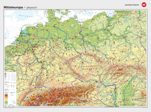 Mitteleuropa - Schulwandkarte - physisch / politisch (202 x 147 cm / 1:800.000)