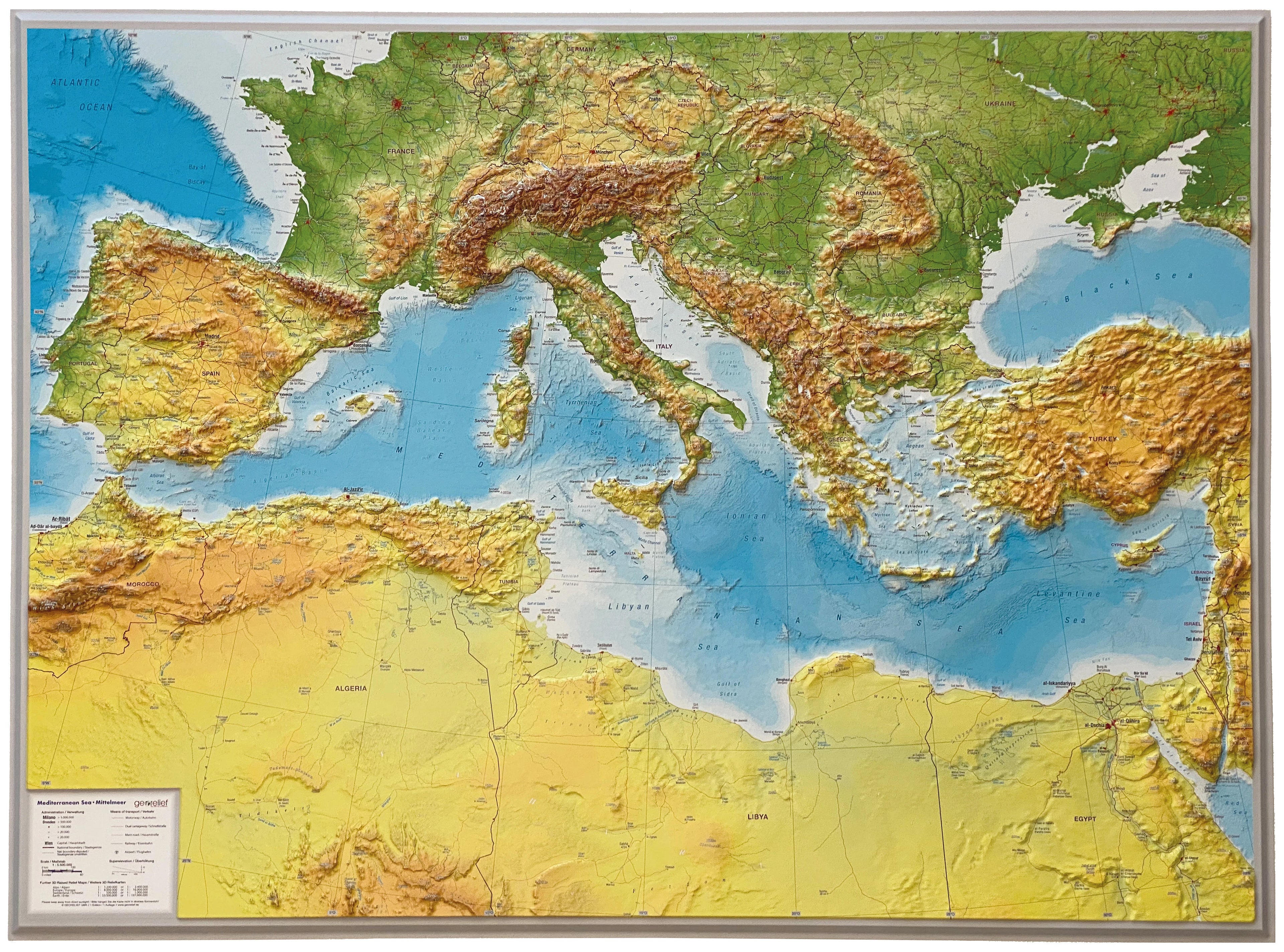Mittelmeer - Reliefkarte (77 x 57 cm / 1:5.500.000)