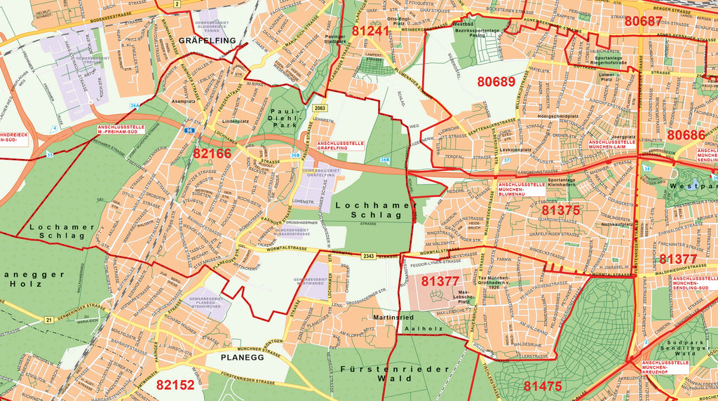 München Stadtplan mit Postleitzahlen im Detail