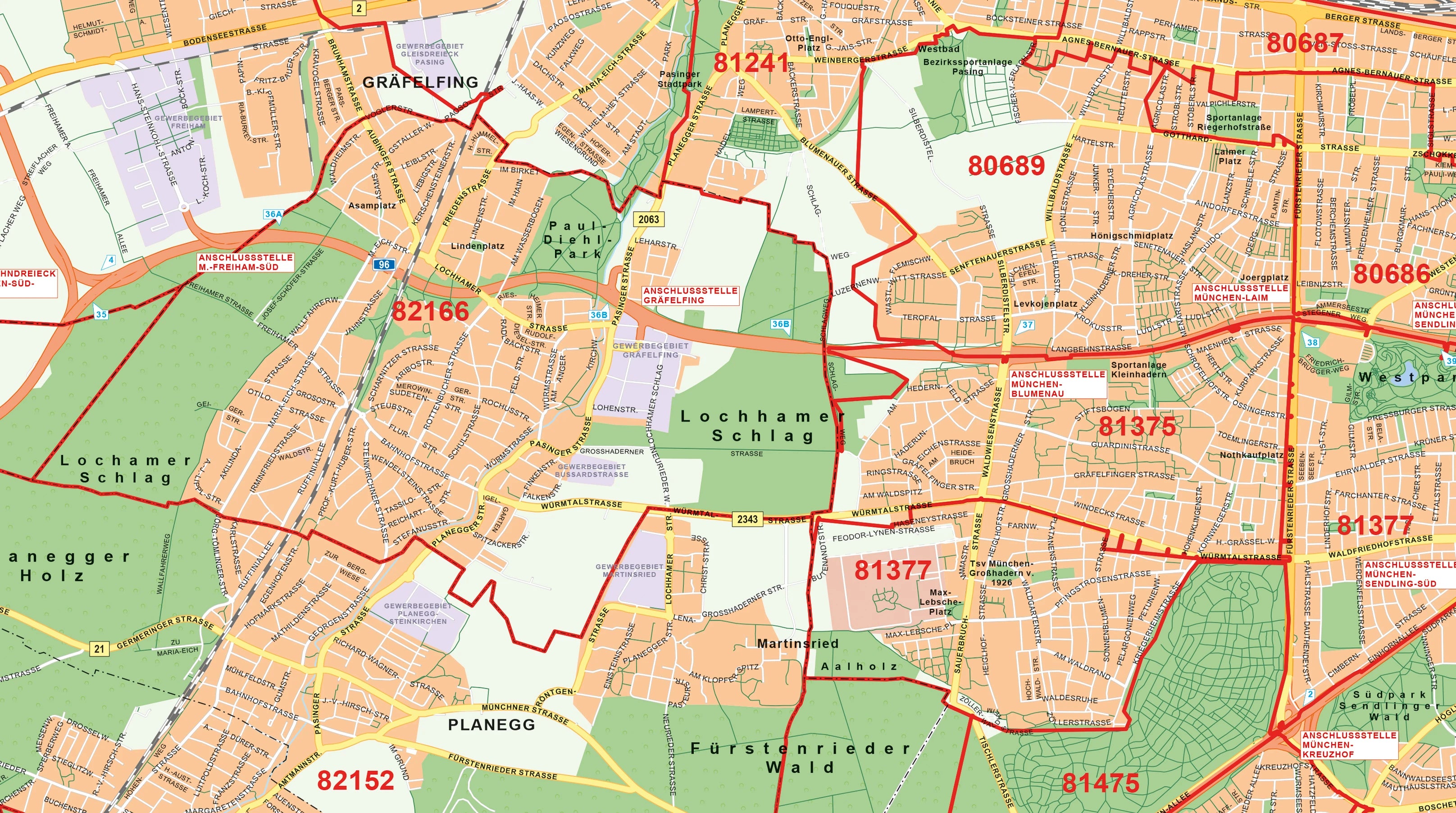 München Stadtplan mit Postleitzahlen im Detail