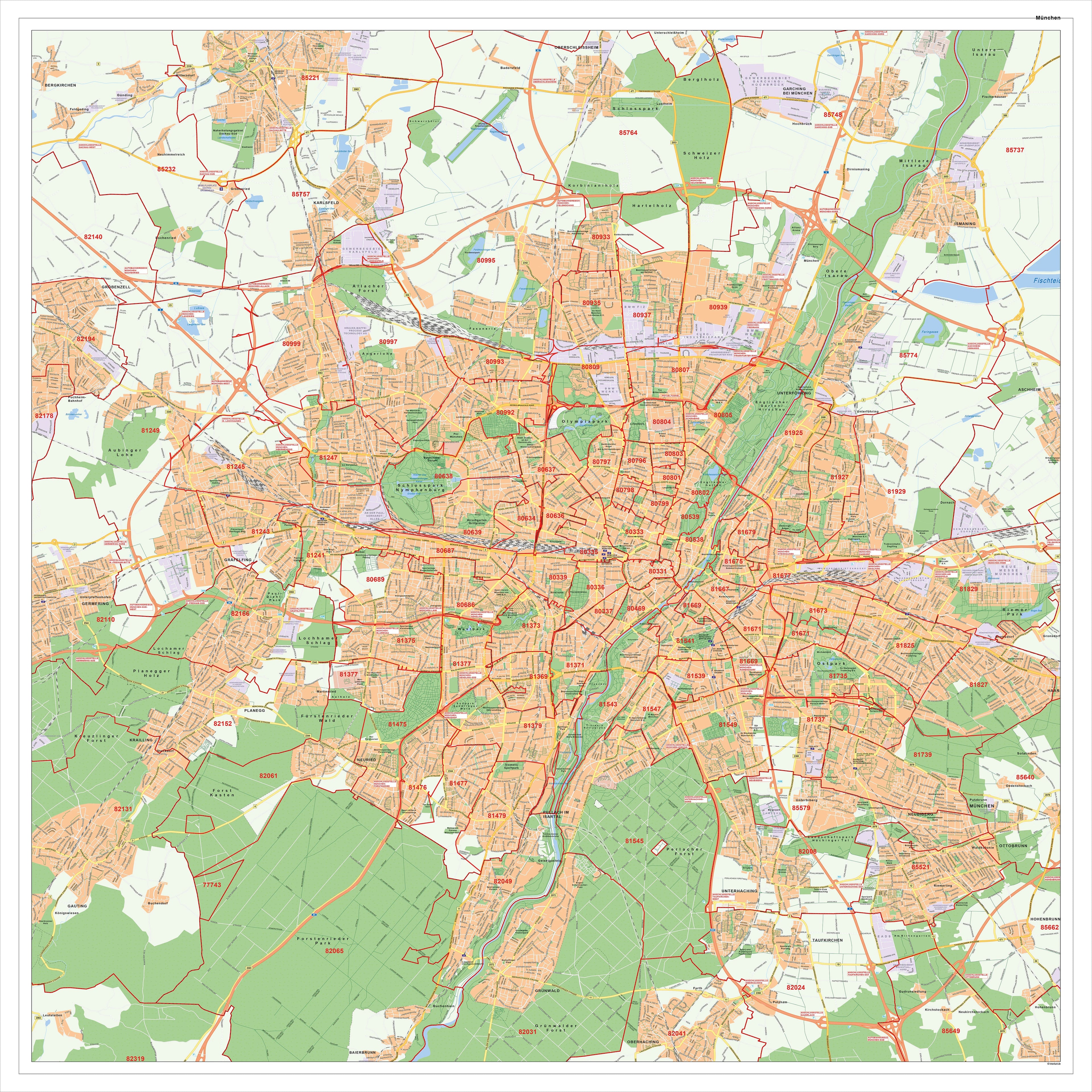München - Stadtplan mit Postleitzahlen (100 x 100 cm / 1:35.000)