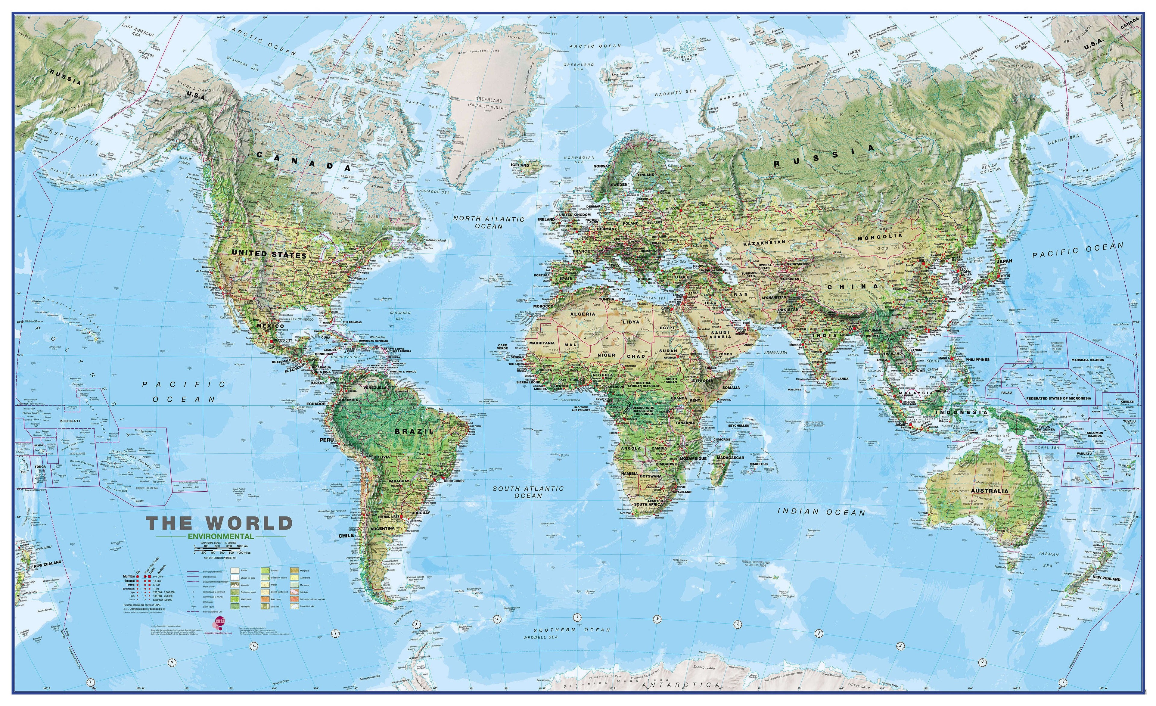 Welt (Naturlandschaft) - physisch (136 x 82 cm / 1:30.000.000)
