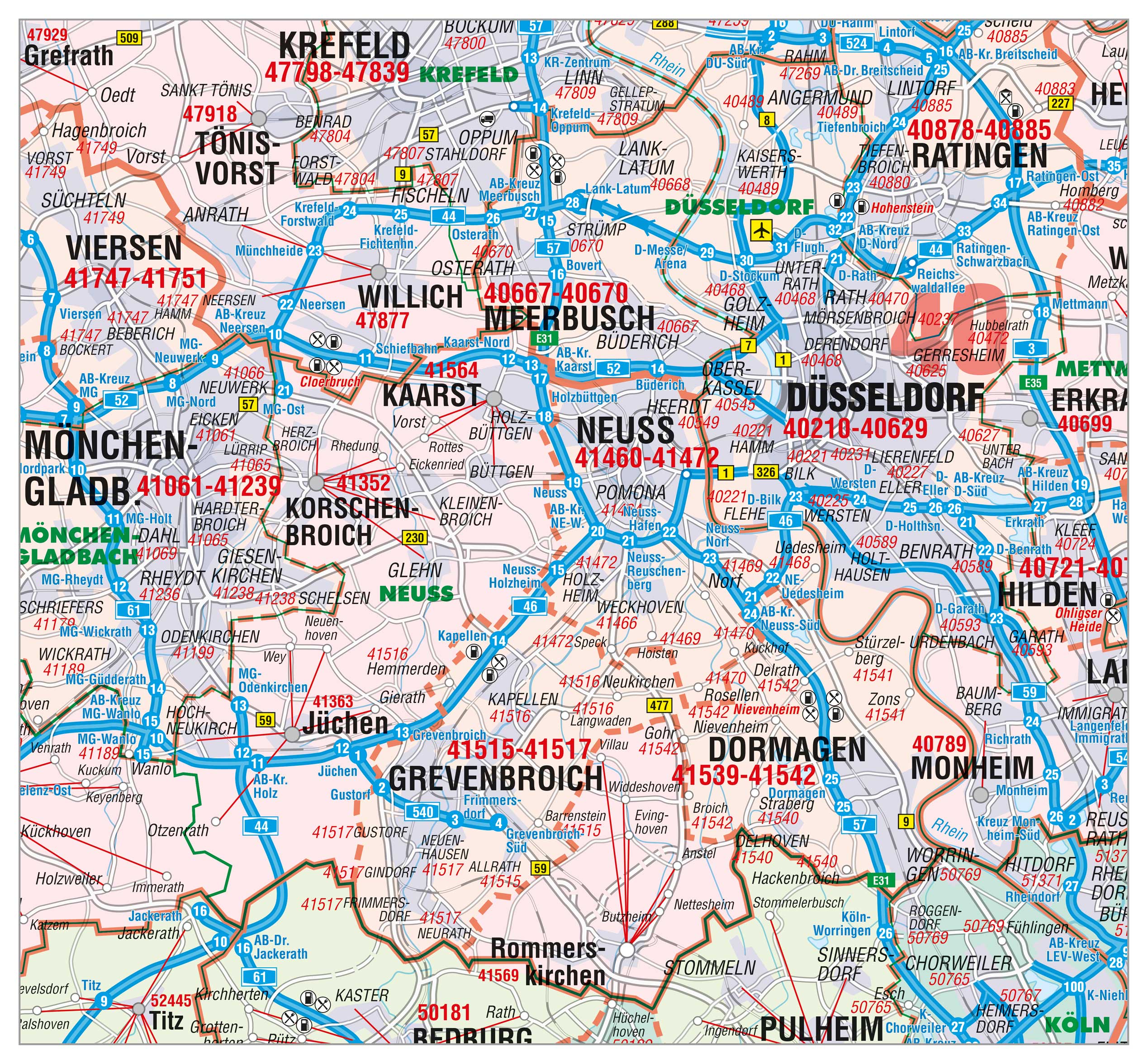 Der Landkreis Rhein-Kreis Neuss als Postleitzahlenkarte