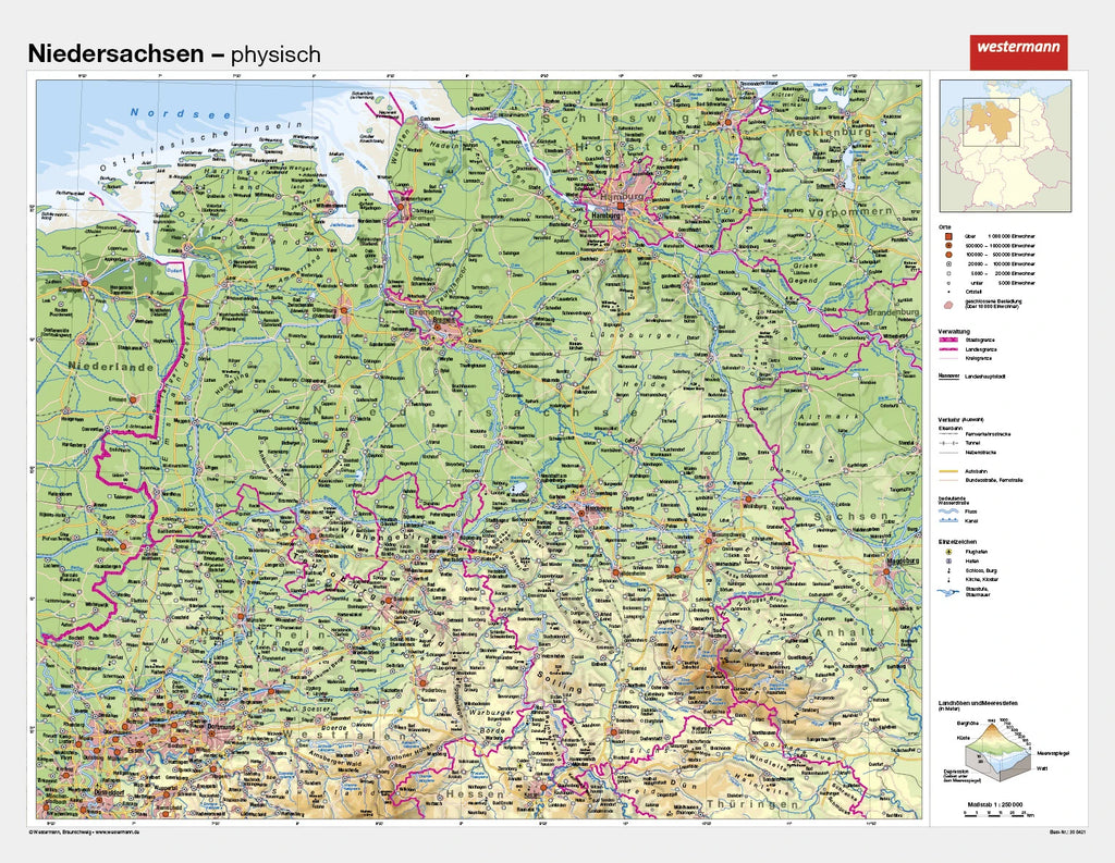 Niedersachsen als physische Schulwandkarte
