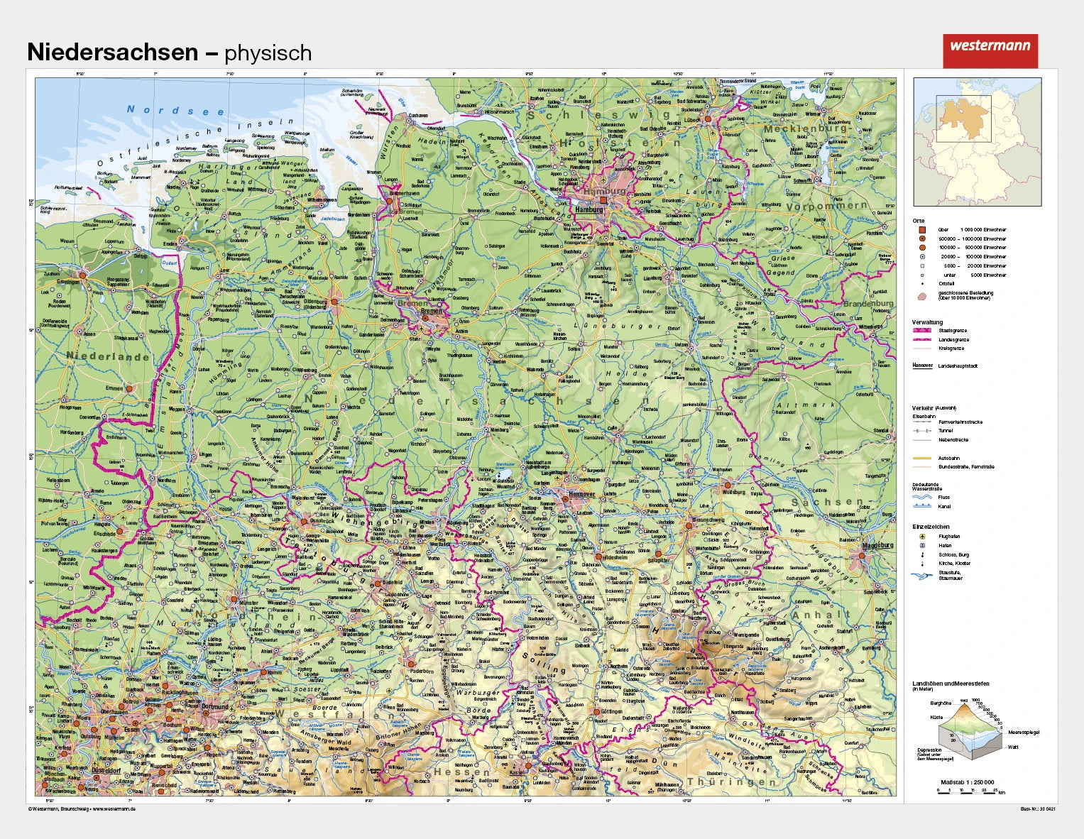 Niedersachsen als physische Schulwandkarte