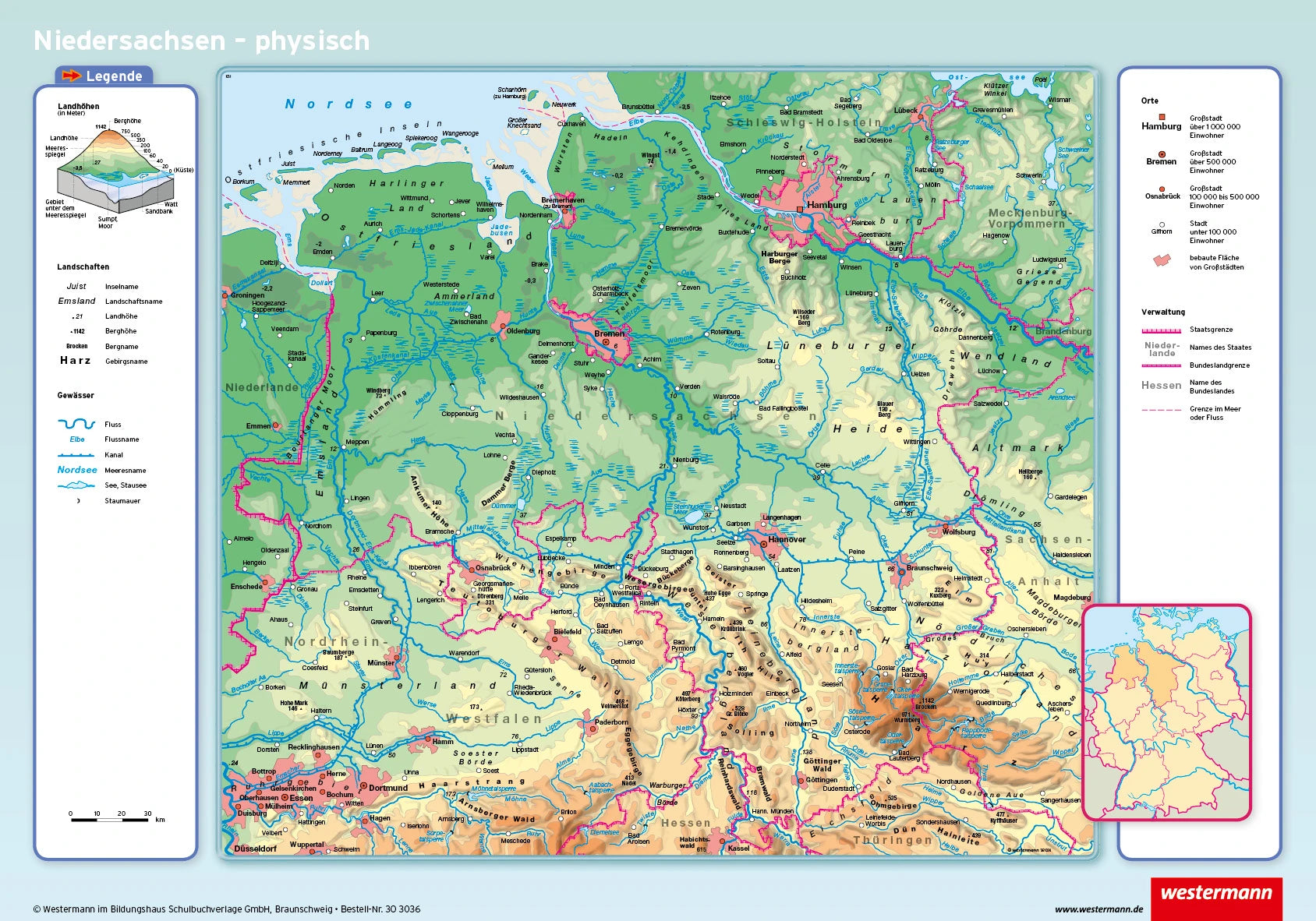 Physische Niedersachsen Karte