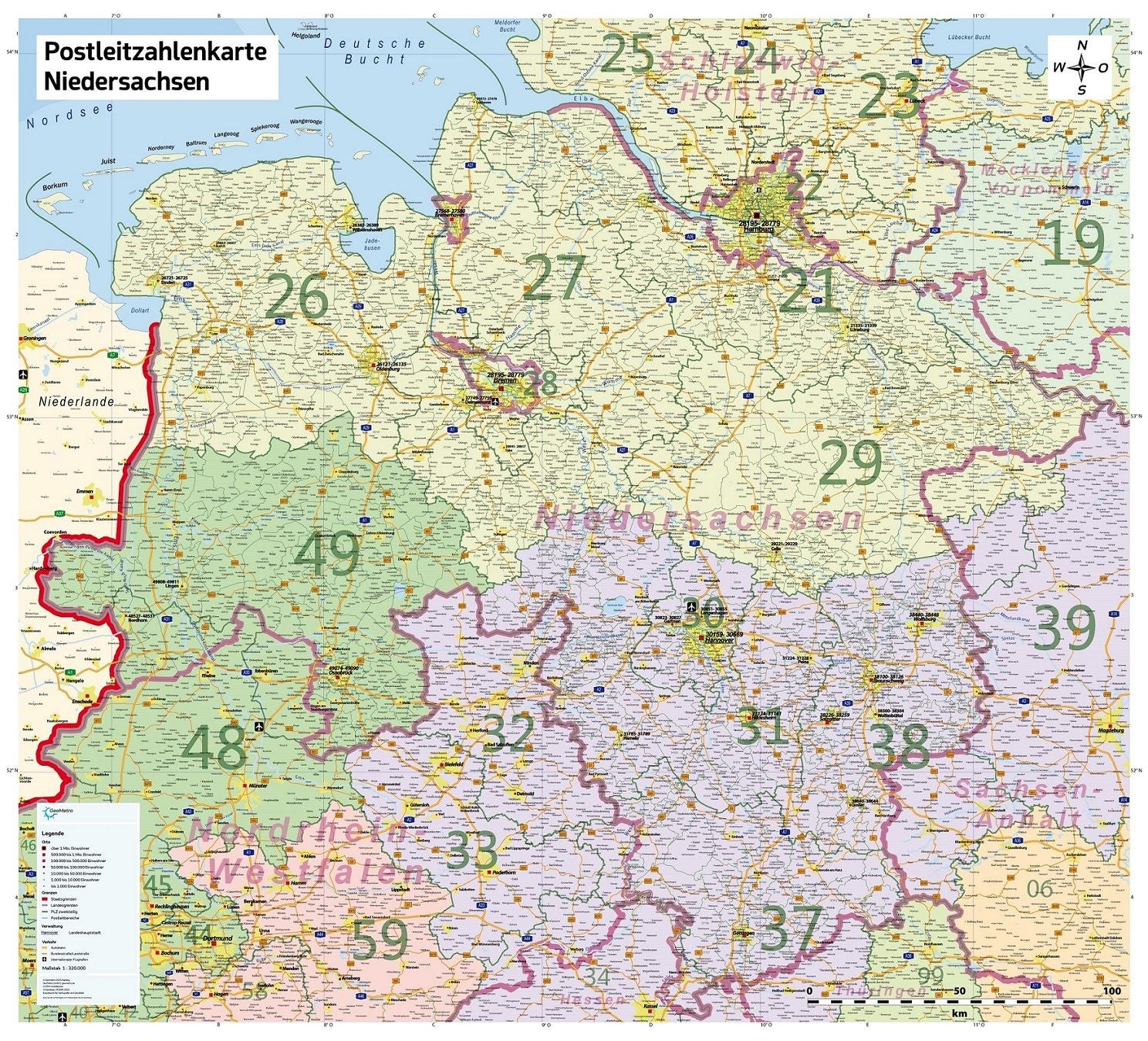 Niedersachsen - Postleitzahlenkarte (100 x 110 cm / 1:320.000)
