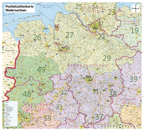 Niedersachsen - Postleitzahlenkarte (100 x 110 cm / 1:320.000)