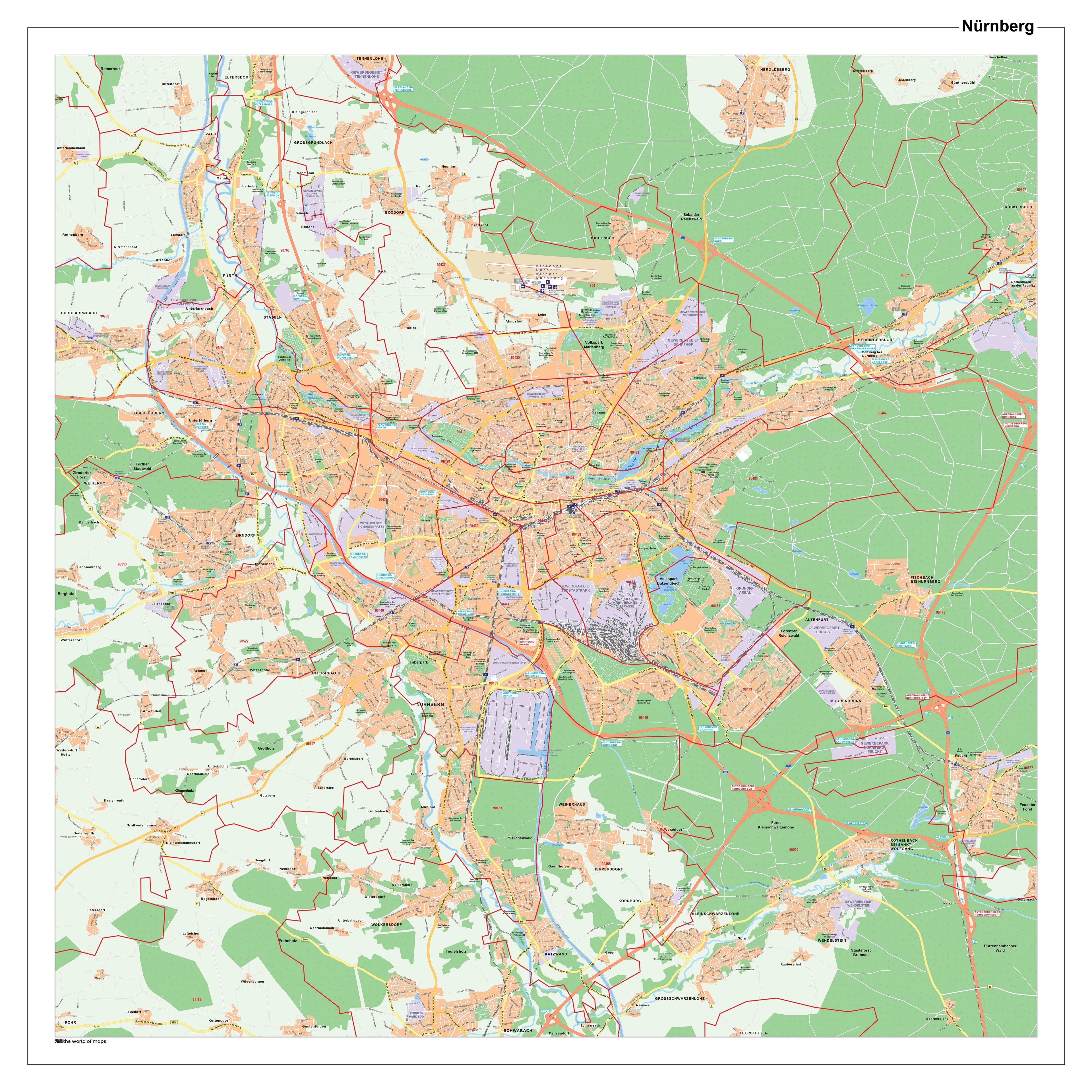 Nürnberg - Stadtplan mit Postleitzahlen (100 x 100 cm / 1:15.000)
