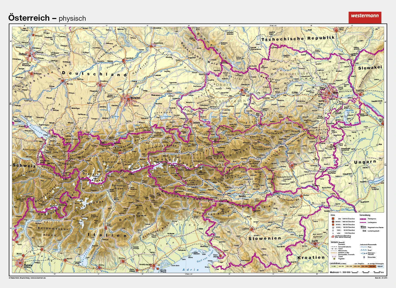 Physische Landkarte von Österreich als Schulwandkarte
