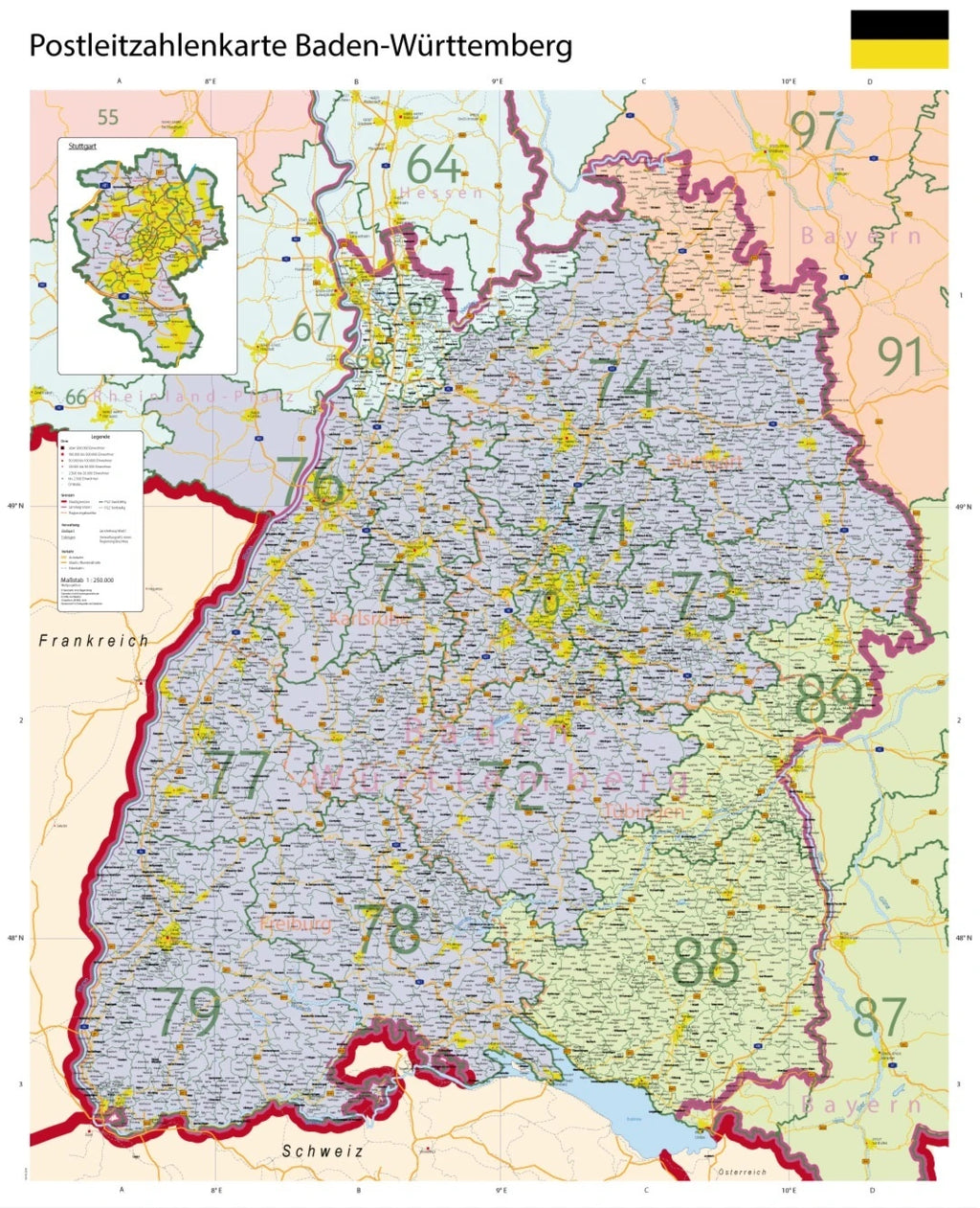 Baden-Württemberg - Postleitzahlenkarte (100 x 123,5 cm / 1:250.000)