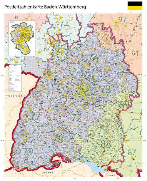 Baden-Württemberg - Postleitzahlenkarte (100 x 123,5 cm / 1:250.000)
