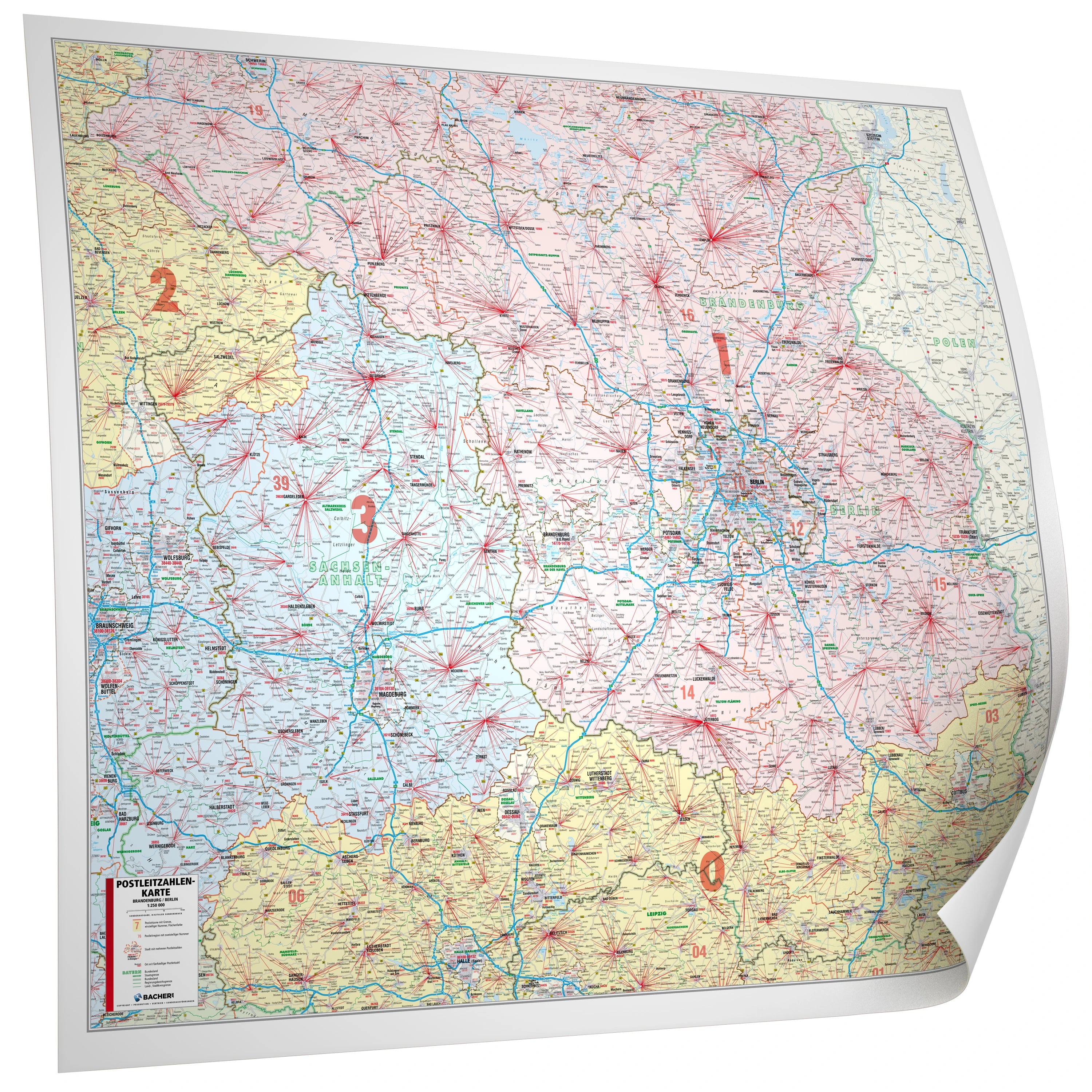 Brandenburg und Berlin - Postleitzahlenkarte  (127 x 109 cm / 1:250.000)
