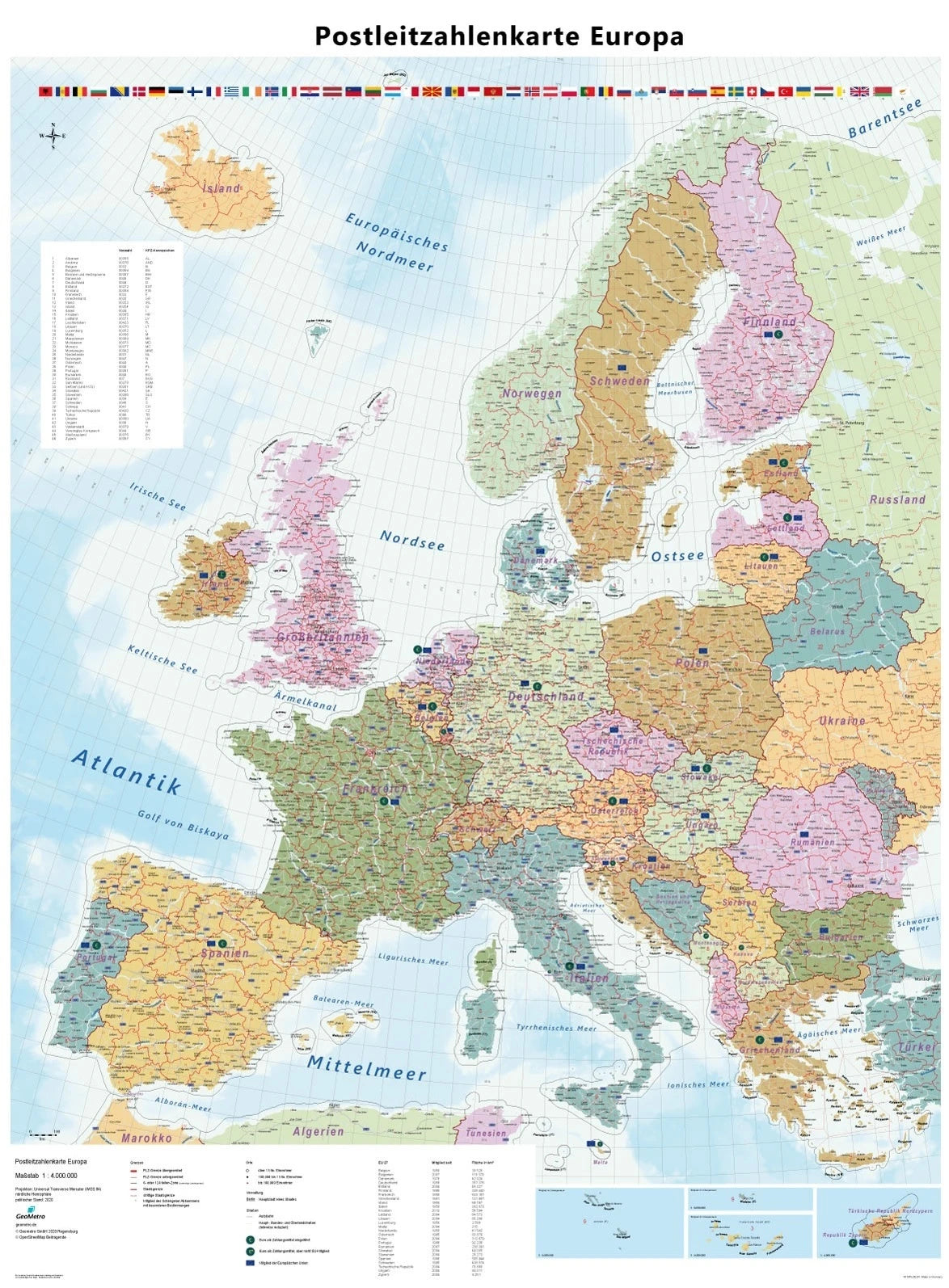 Europa - Postleitzahlenkarte (89,5 cm x 122,5 cm / 1:4.000.000)