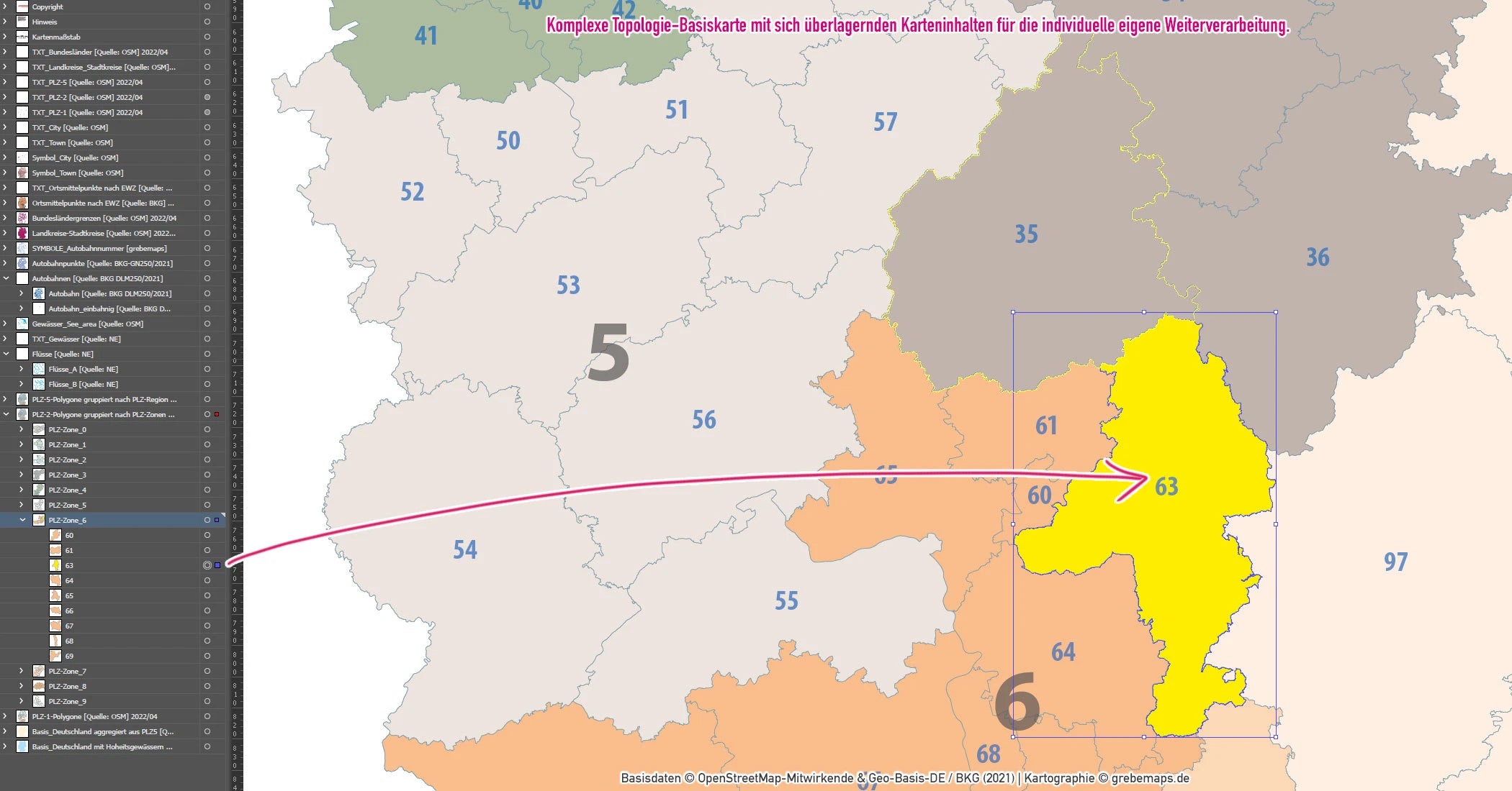 Detailausschnitt der PLZ-Karte Deutschlands mit farbigen Einteilungen.