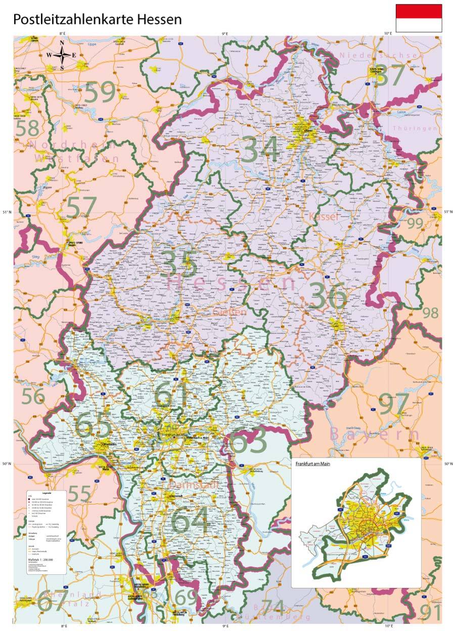 Hessen - Postleitzahlenkarte (100 x 140 cm / 1:200.000)