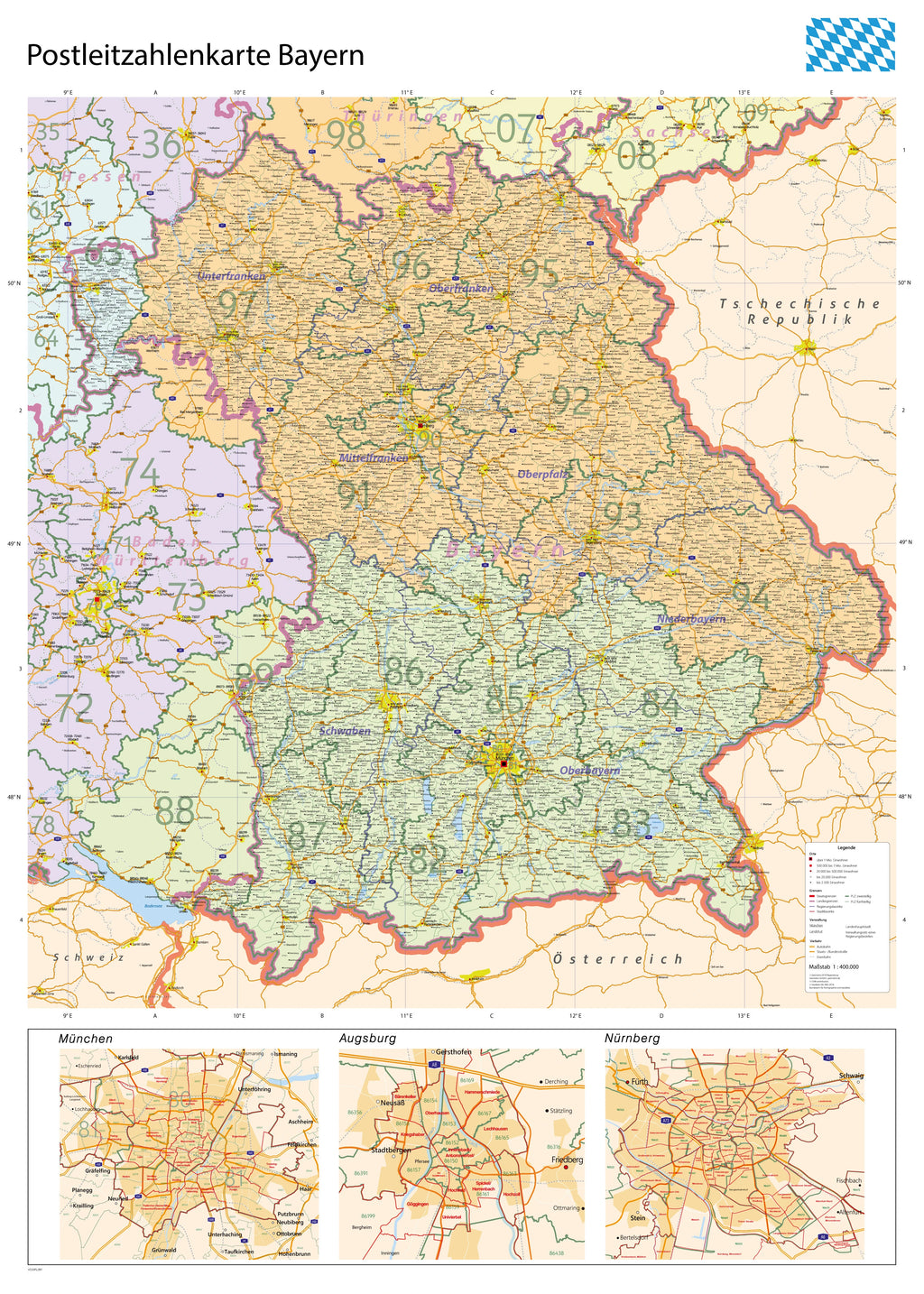 Bayern - Postleitzahlenkarte (100 x 140 cm / 1:400.000)