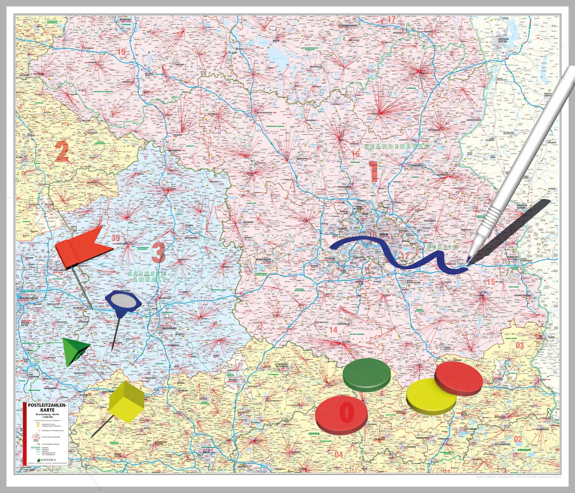 Brandenburg und Berlin - Postleitzahlenkarte  (127 x 109 cm / 1:250.000)