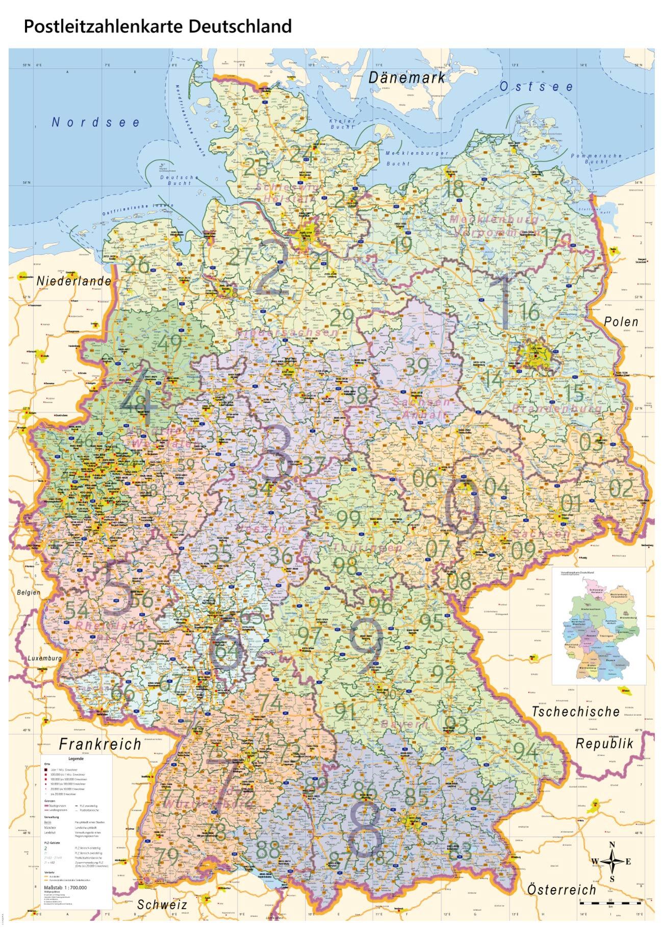Deutschland - Postleitzahlenkarte (wählbares DIN-Format)