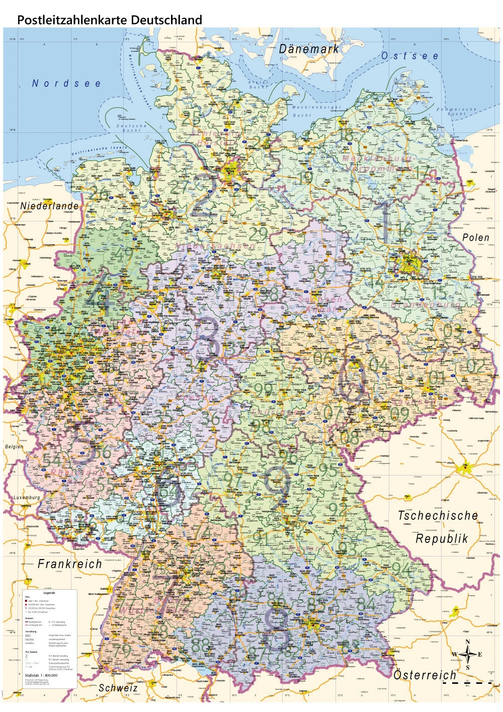Deutschland - Postleitzahlenkarte (wählbares DIN-Format)