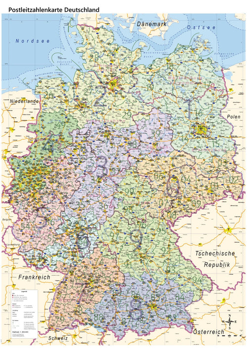 Deutschland - Postleitzahlenkarte (wählbares DIN-Format)