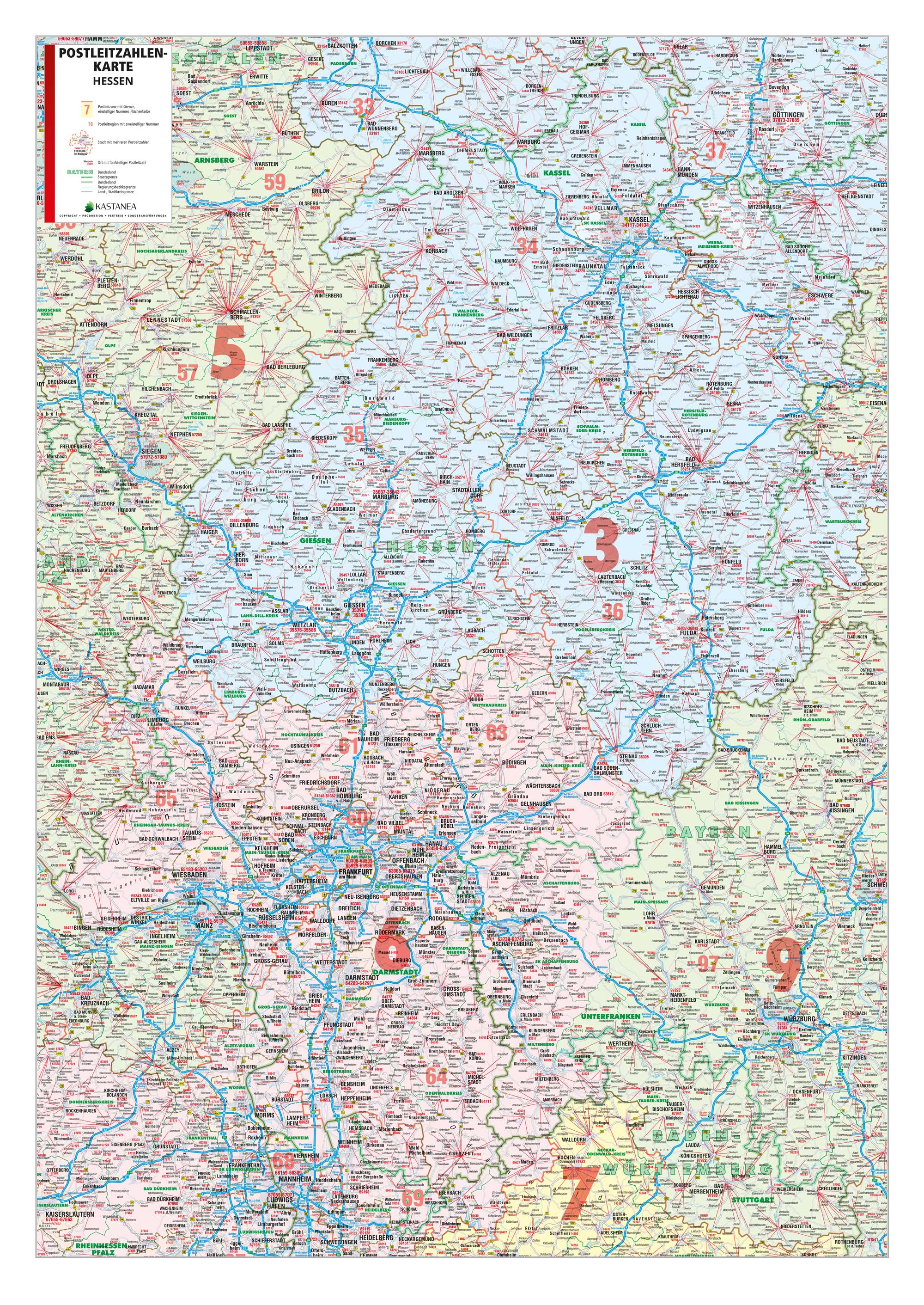 Hessen - Postleitzahlenkarte (wählbares Format)