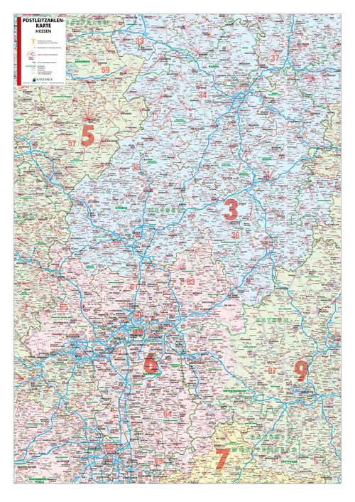 Hessen - Postleitzahlenkarte (wählbares Format)
