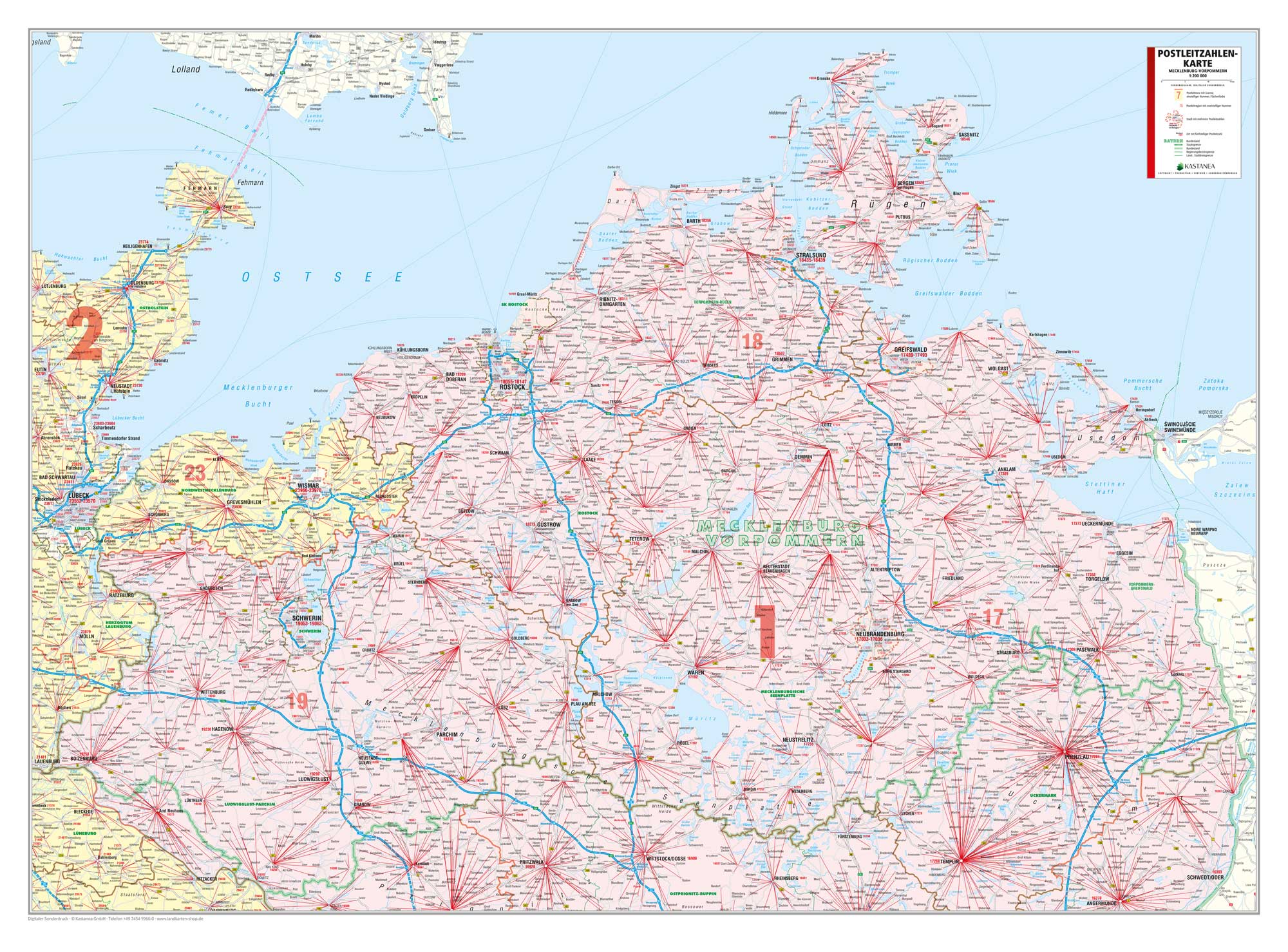 Mecklenburg-Vorpommern - Postleitzahlenkarte (138 x 102 cm / 1:200.000)