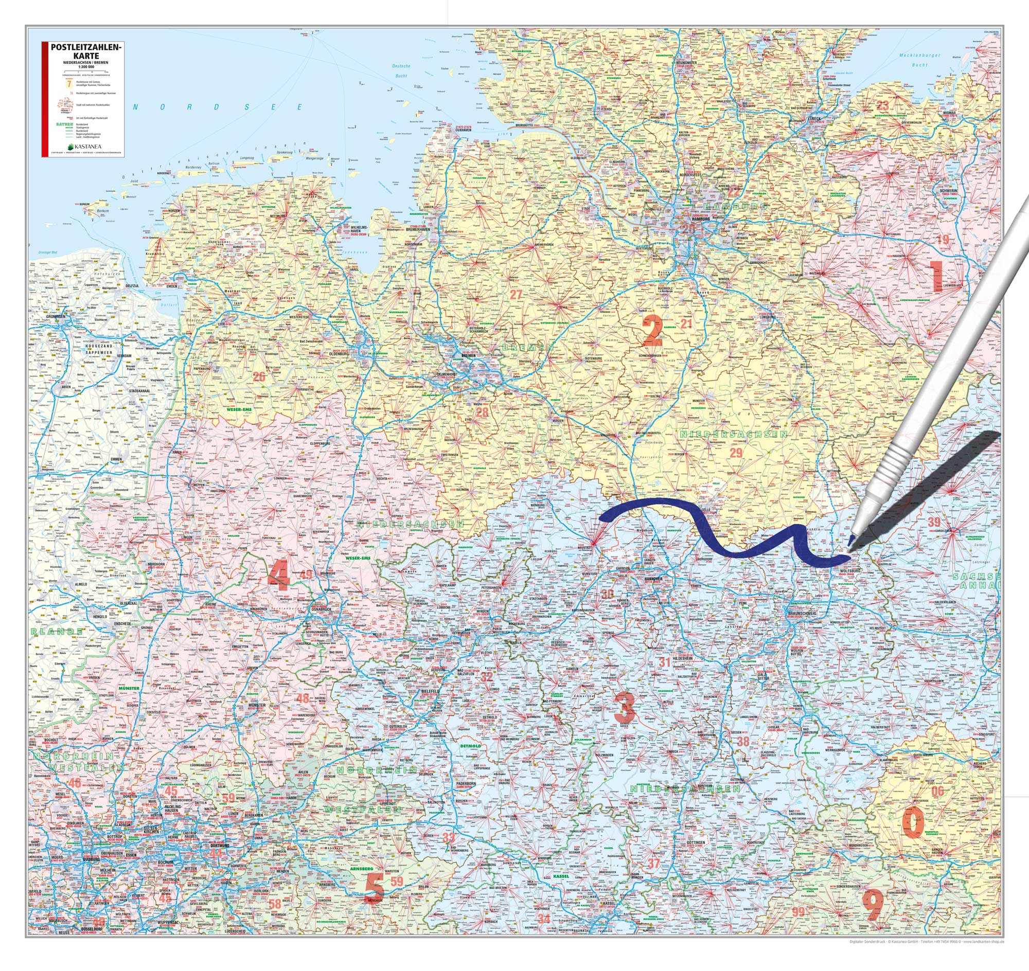 Niedersachsen und Bremen - Postleitzahlenkarte (125 x 118 cm / 1:250.000)