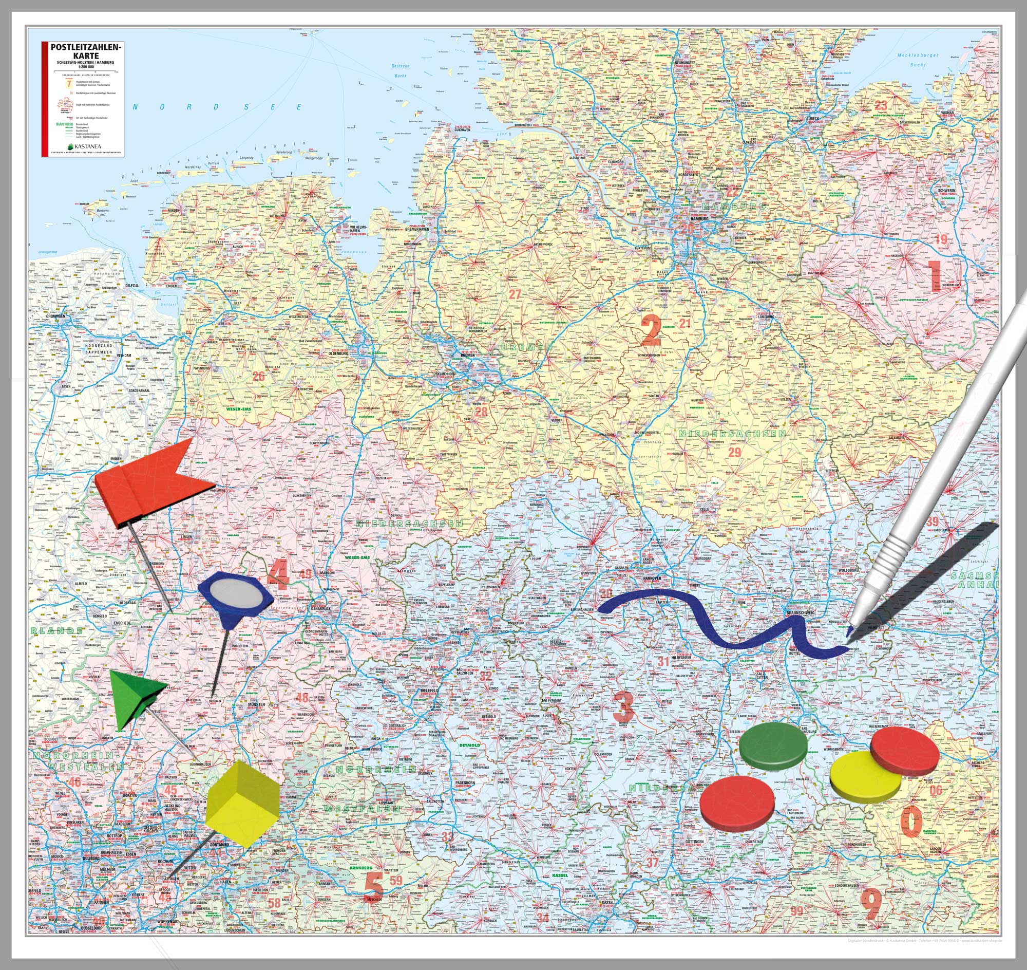 Niedersachsen und Bremen - Postleitzahlenkarte (125 x 118 cm / 1:250.000)
