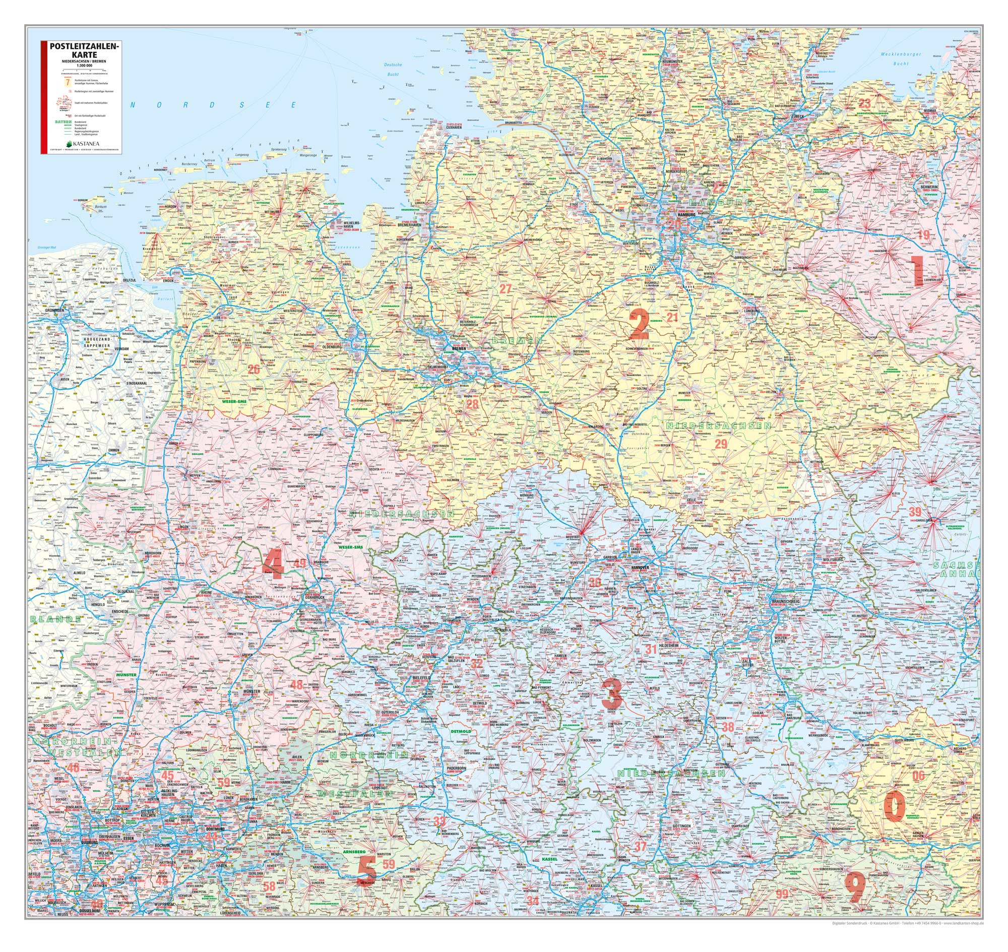 Niedersachsen und Bremen - Postleitzahlenkarte (125 x 118 cm / 1:250.000)