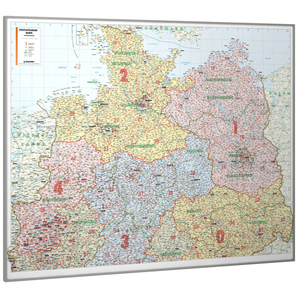 Die Norddeutschland PLZ-Karte PLZ 5-stellig (131x98) gerahmt