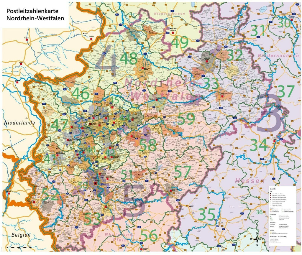 Nordrhein-Westfalen - Postleitzahlenkarte (118 x 100 cm / 1:250.000)