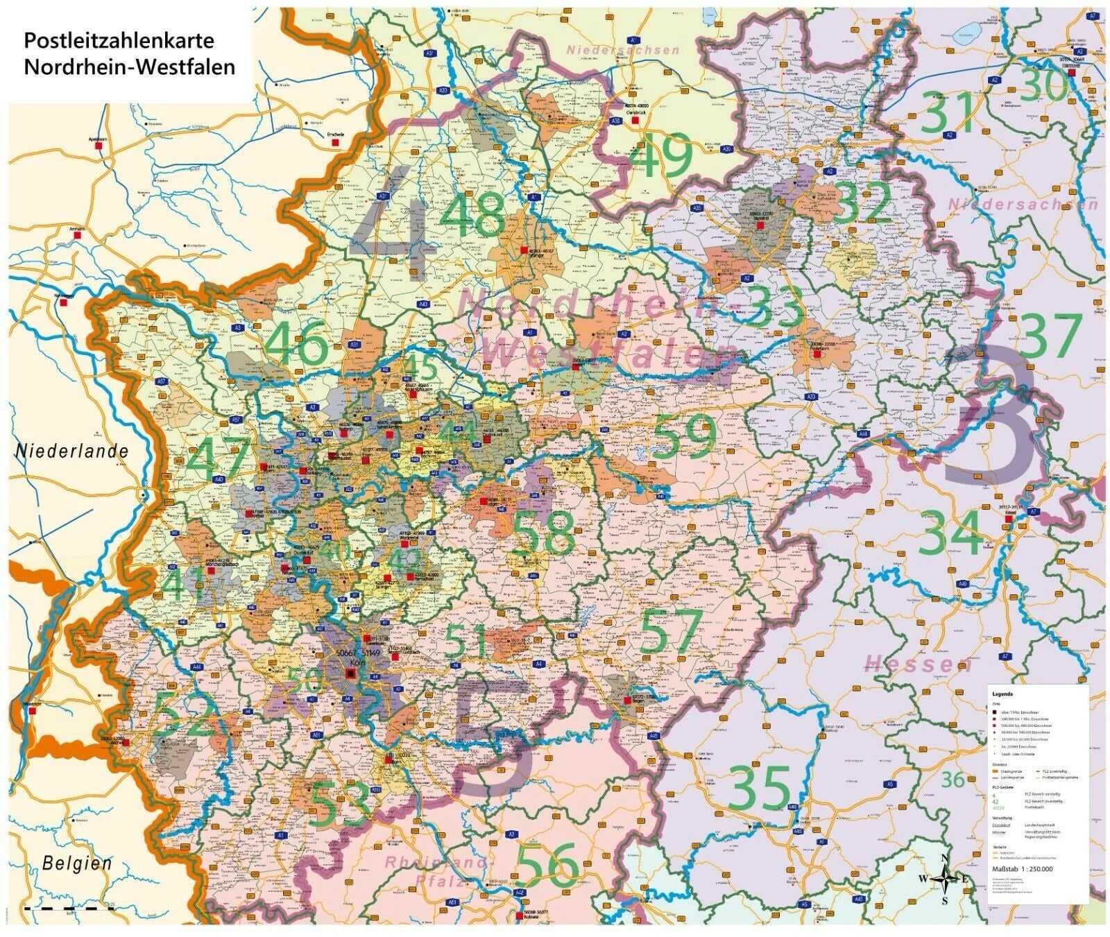 Nordrhein-Westfalen - Postleitzahlenkarte (118 x 100 cm / 1:250.000)