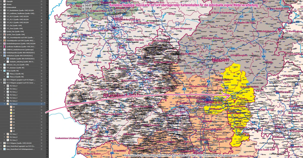 Detailausschnitt der PLZ-Karte Deutschlands.
