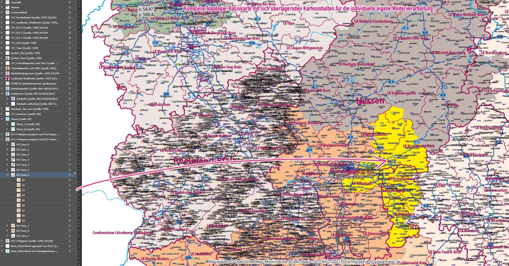 Detailausschnitt der PLZ-Karte Deutschlands.