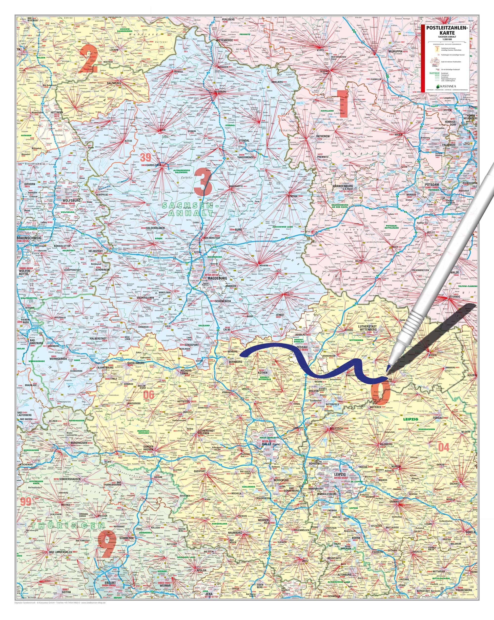 Sachsen-Anhalt - Postleitzahlenkarte (102 x 128 cm / 1:200.000)