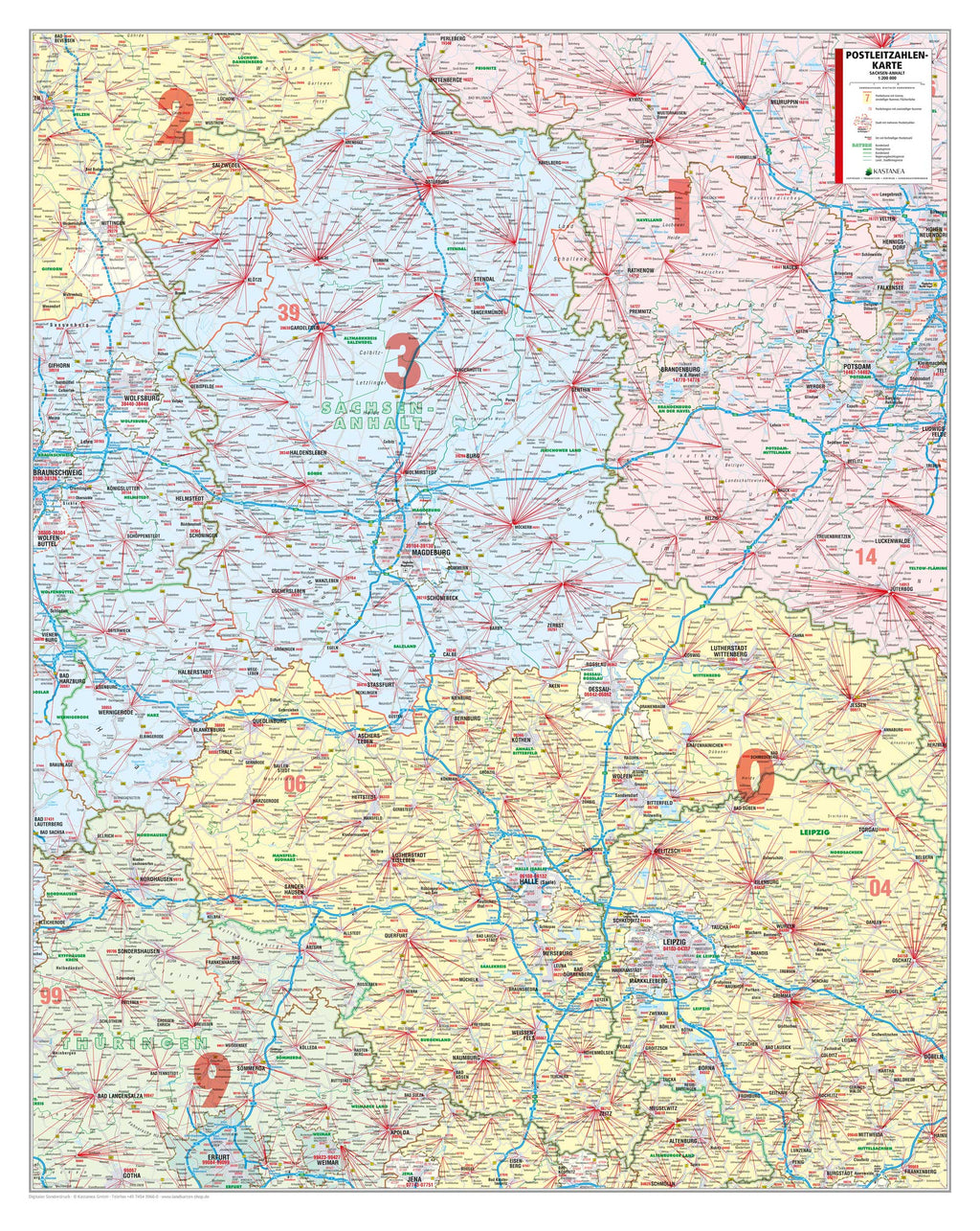 Sachsen-Anhalt - Postleitzahlenkarte (102 x 128 cm / 1:200.000)