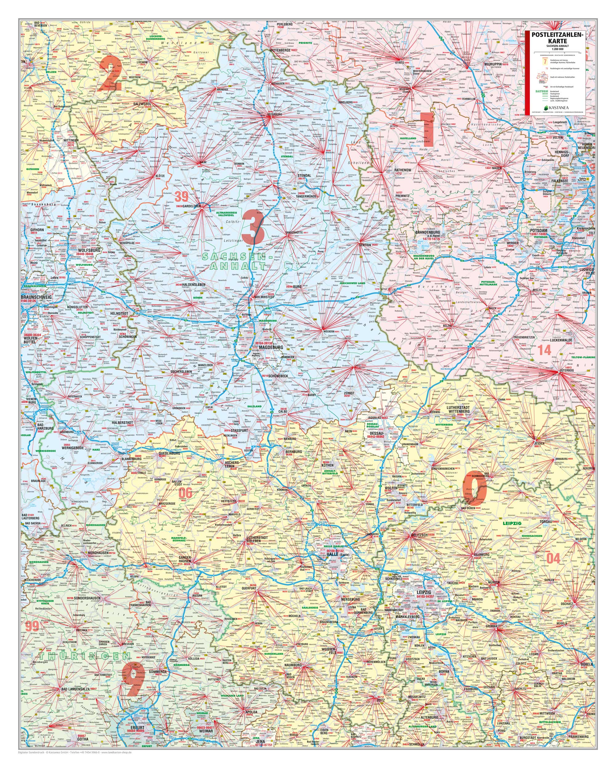 Sachsen-Anhalt - Postleitzahlenkarte (102 x 128 cm / 1:200.000)