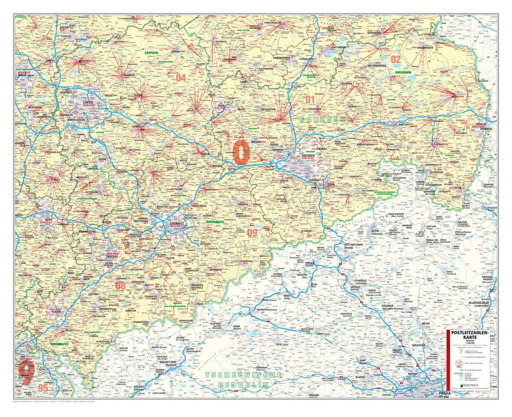 Sachsen - Postleitzahlenkarte (121 x 96 cm / 1:200.000)
