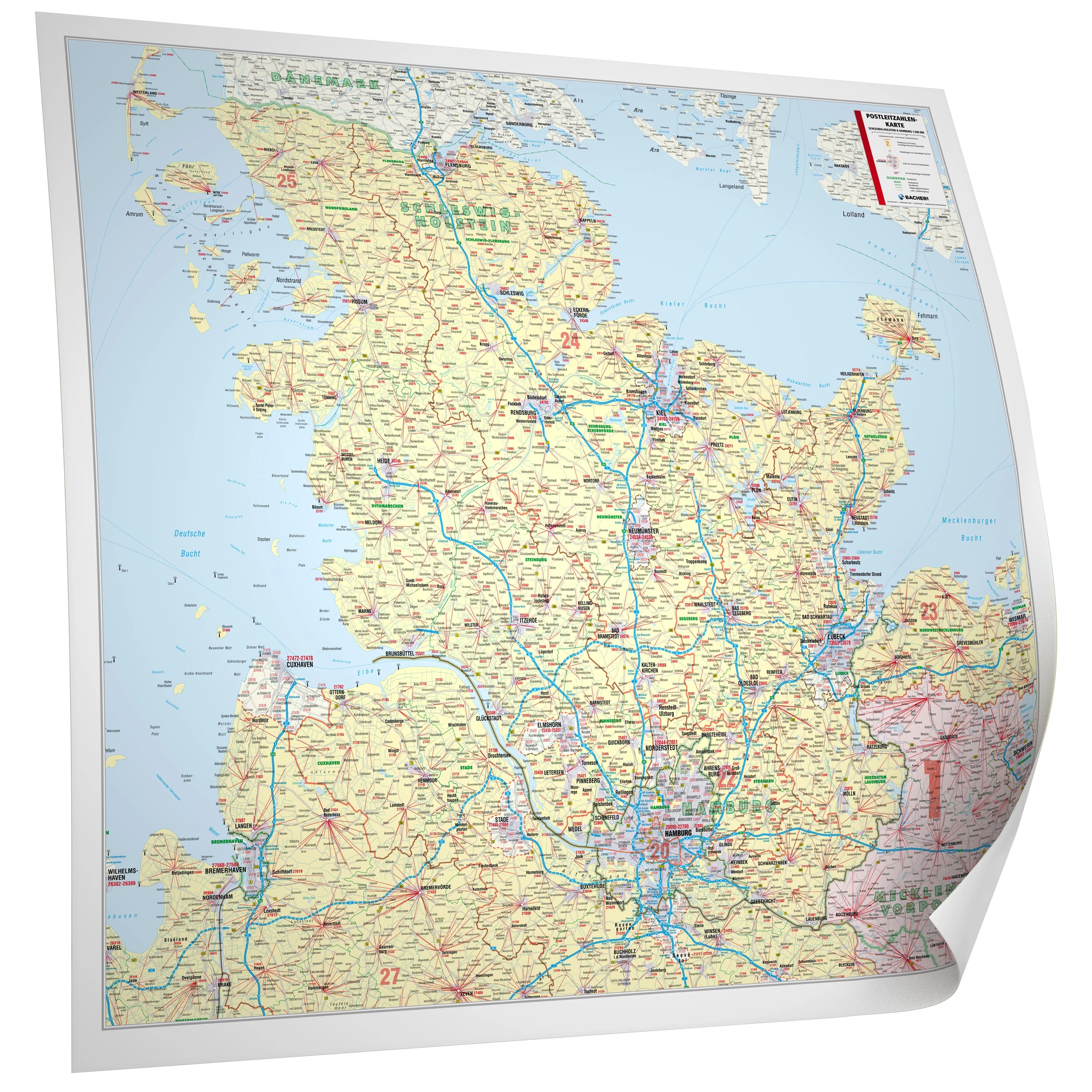 Schleswig-Holstein und Hamburg - Postleitzahlenkarte (126 x 104 cm / 1:200.000)