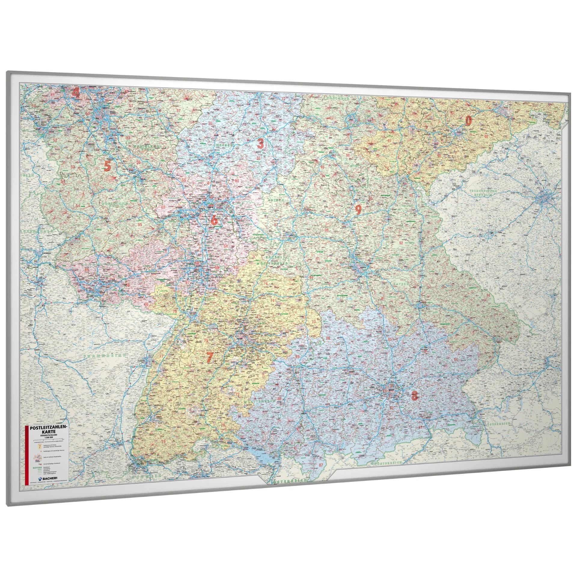 Die Süddeutschland Postleitzahlenkarte 220x151 cm gerahmt