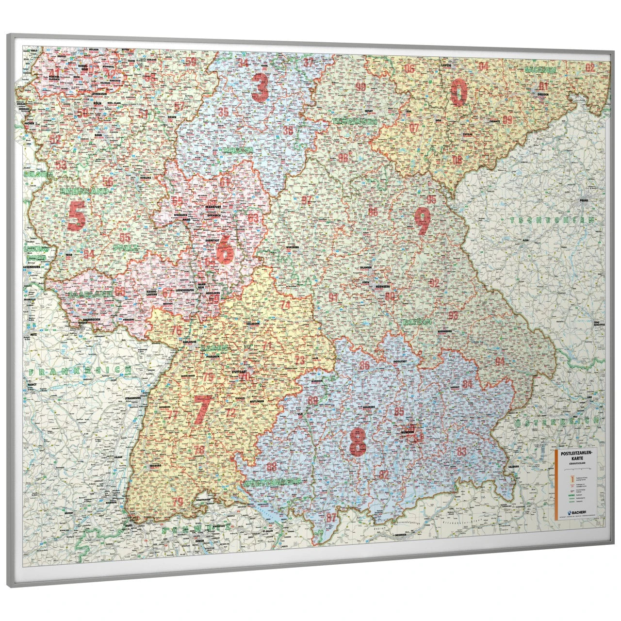 Die Postleitzahlenkarte Süddeutschland (131x98cm) mit Rahmen