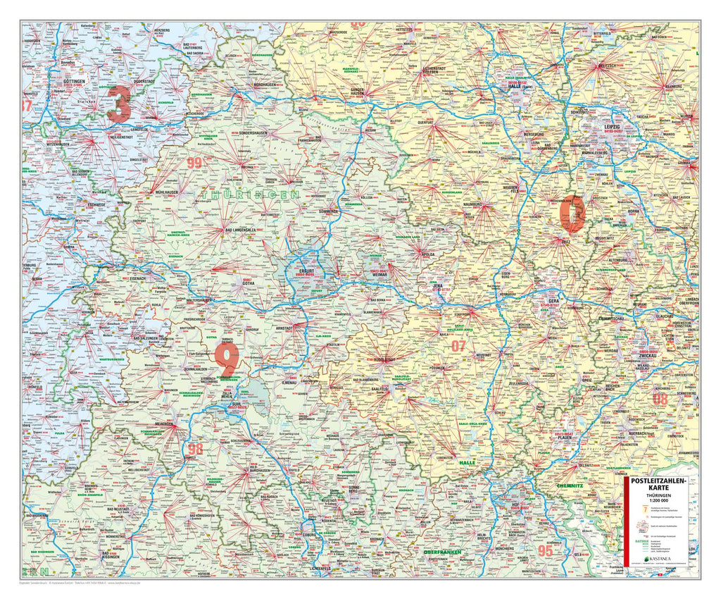 Thüringen - Postleitzahlenkarte (109 x 92 cm / 1:200.000)