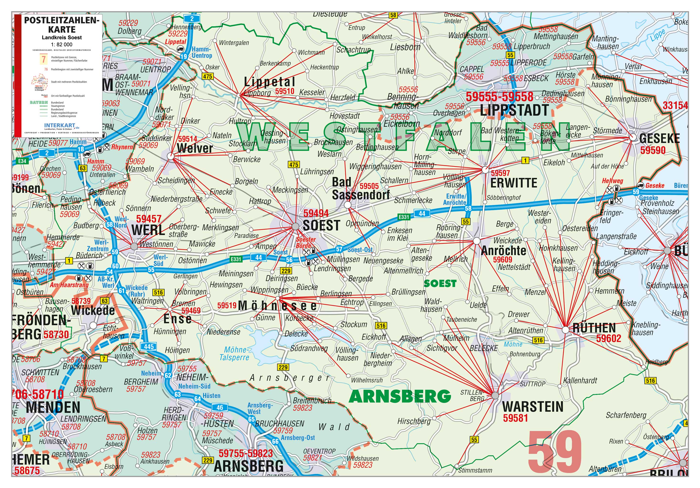 Landkreis Soest - Postleitzahlenkarte (60 x 42 cm / 1:82.000)