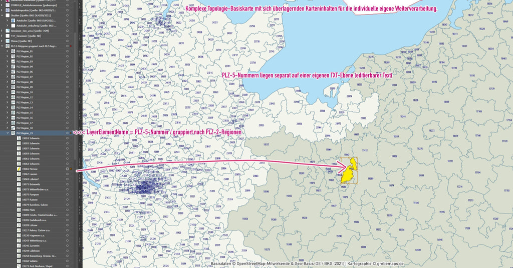 Detailausschnitt der PLZ-Karte Deutschlands.