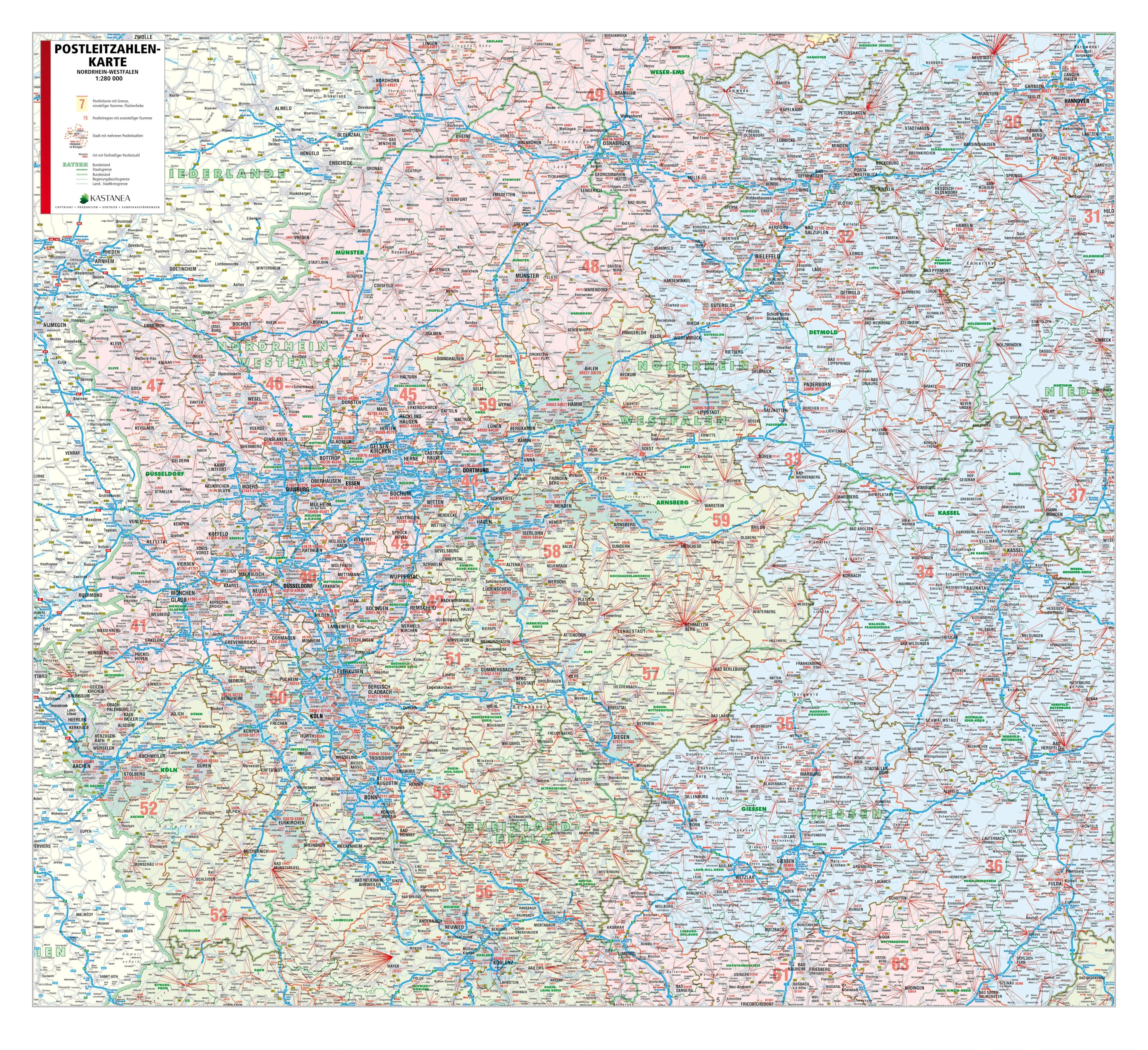 Nordrhein-Westfalen - Postleitzahlenkarte (wählbares Format)