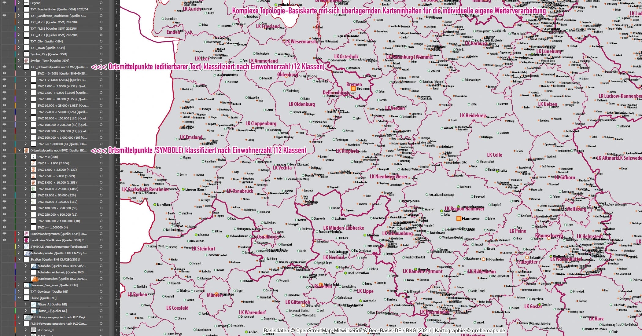 Detailausschnitt der PLZ-Karte Deutschlands.